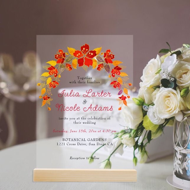 Burnt Orange Tropical Hibiscus Florals Wedding Acrylic Invitations (Creator Uploaded)
