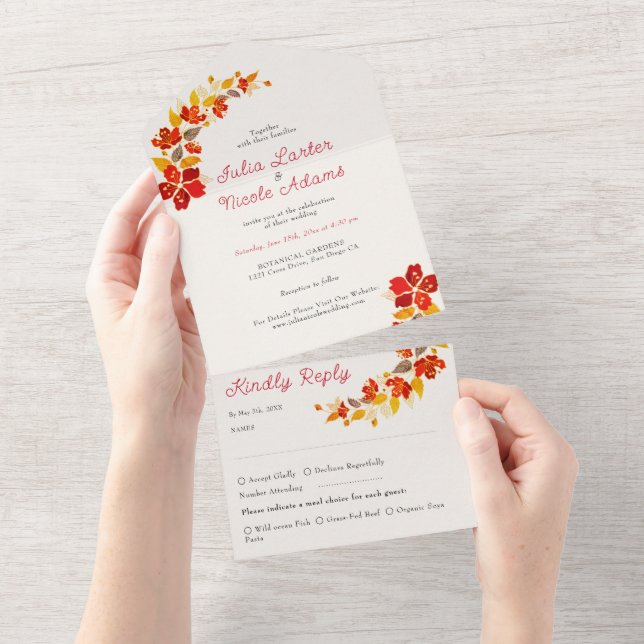 Burnt Orange Tropical Hibiscus Florals Wedding All In One Invitation (Tearaway)
