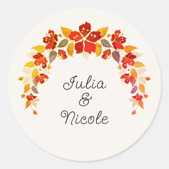 Burnt Orange Tropical Hibiscus Florals Wedding Classic Round Sticker (Front)