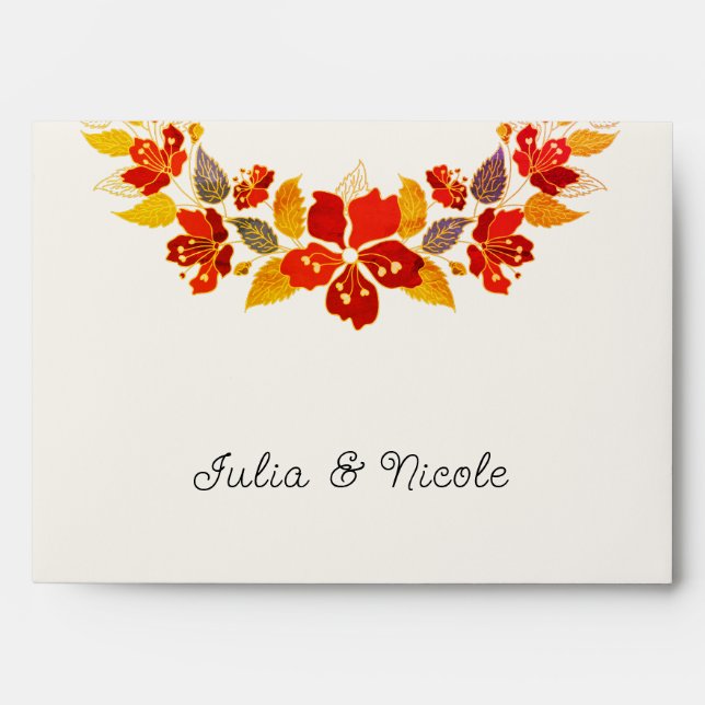 Burnt Orange Tropical Hibiscus Florals Wedding Envelope (Front)