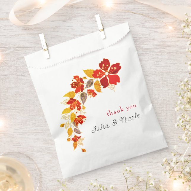 Burnt Orange Tropical Hibiscus Florals Wedding Favour Bags (Clipped)