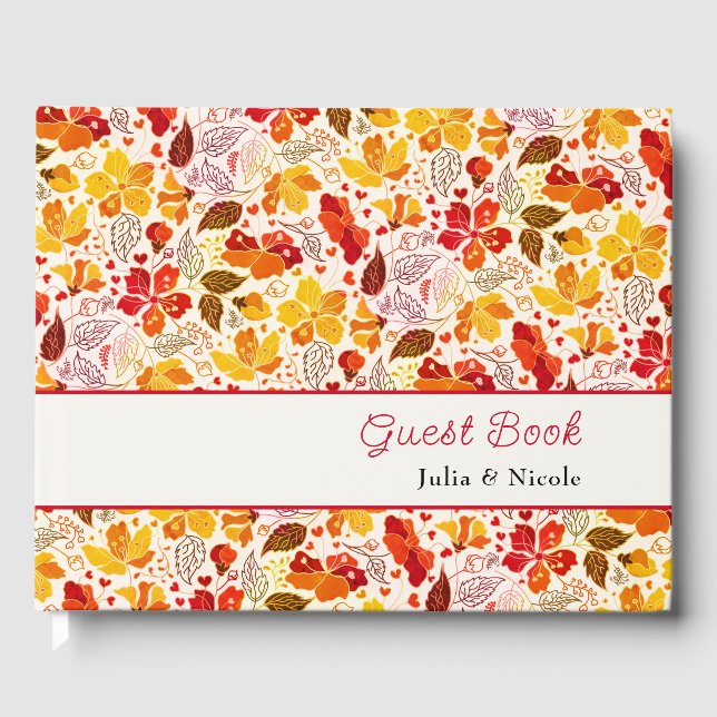 Burnt Orange Tropical Hibiscus Florals Wedding Guest Book (Front)