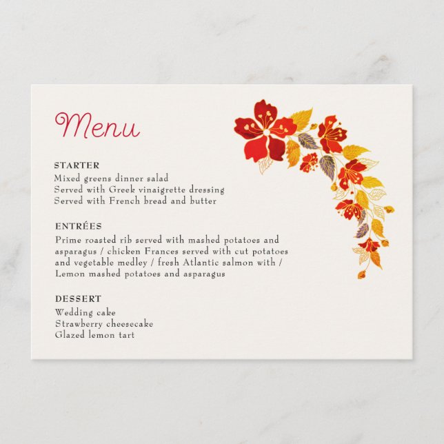 Burnt Orange Tropical Hibiscus Florals Wedding Menu (Front)