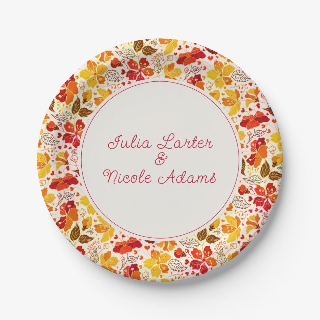 Burnt Orange Tropical Hibiscus Florals Wedding Paper Plate (Front)