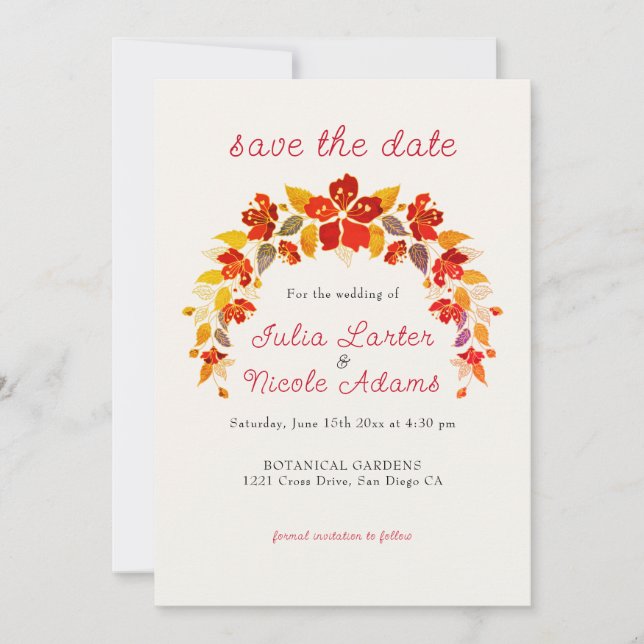 Burnt Orange Tropical Hibiscus Florals Wedding Save The Date (Front)