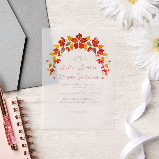 Burnt Orange Tropical Hibiscus Florals Wedding Vellum Invitations (Wedding)