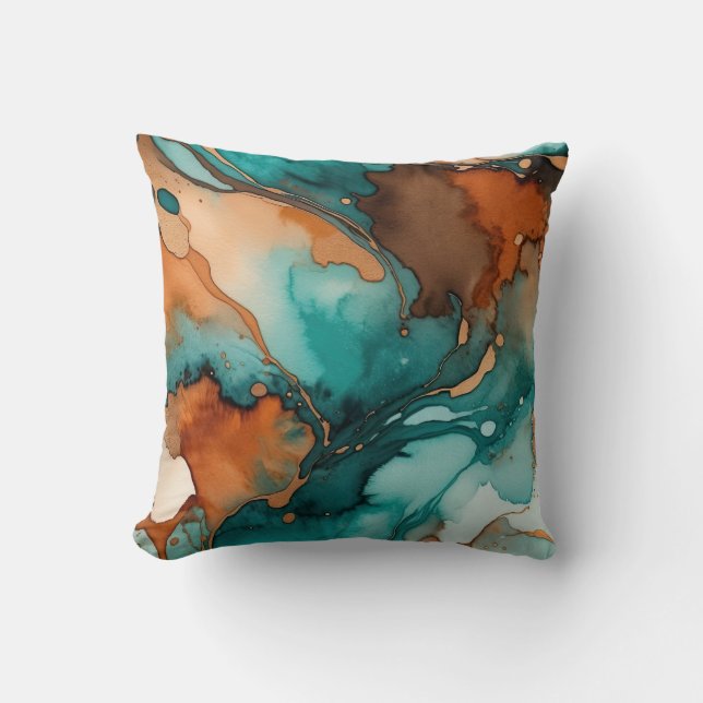 Burnt-orange, Turquoise, rust and black watercolor Cushion (Front)