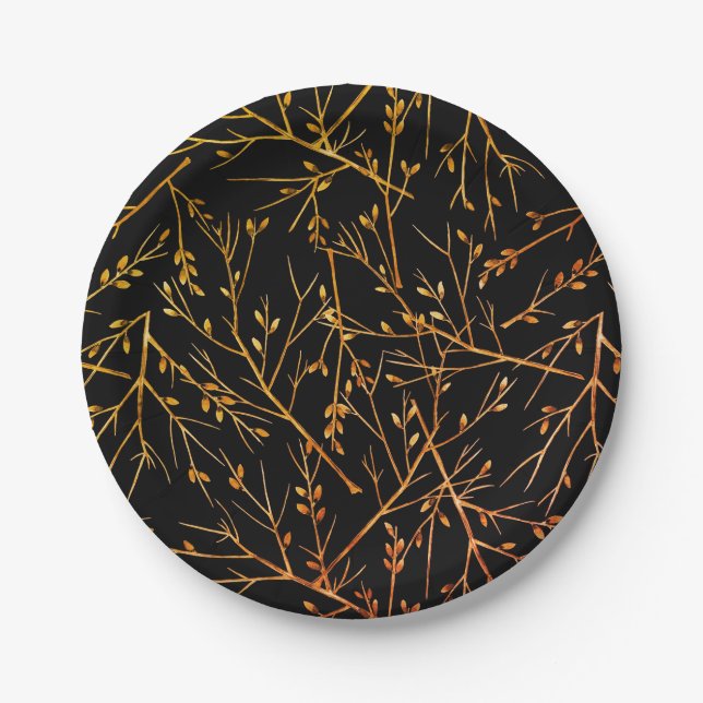 Burnt Orange Twigs on Black Paper Plate (Front)