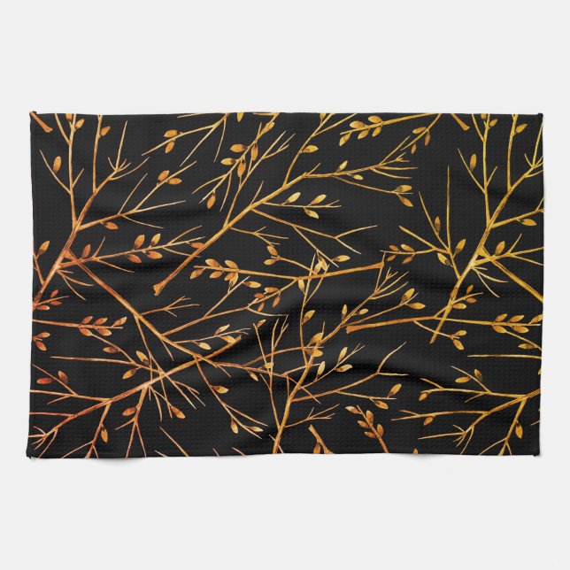 Burnt Orange Twigs on Black Tea Towel (Horizontal)