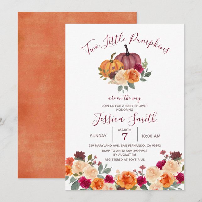Burnt Orange Two Little Pumpkin Baby Shower Invitation (Front/Back)