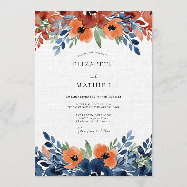 Burnt Orange Watercolor Bloom Wedding Invitation (Front)