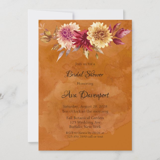 Burnt Orange Watercolor Dahlia Bridal Shower Invitation (Front)