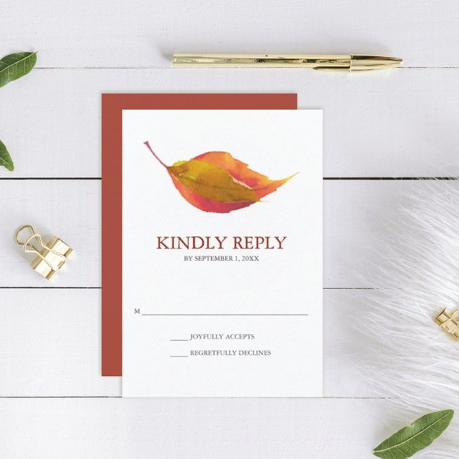 Burnt Orange Watercolor Fall Leaf Wedding RSVP Card (rsvp card orange wedding fall leaves minimalistic)