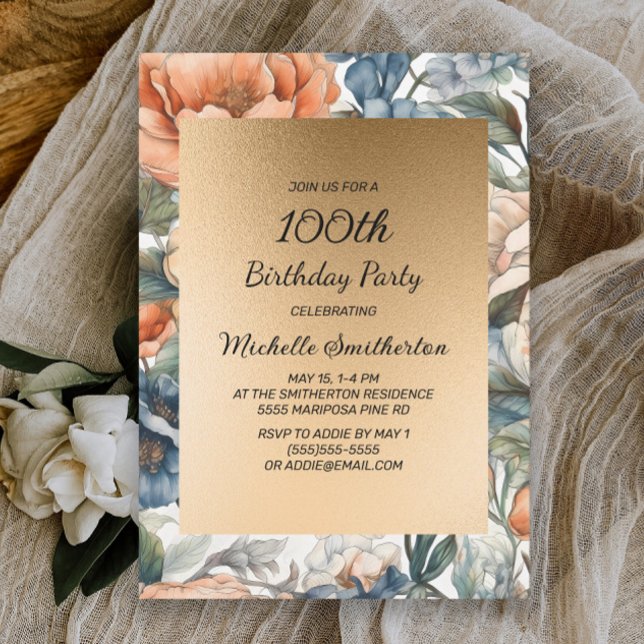 Burnt Orange Watercolor Floral Gold Birthday Invitation (Creator Uploaded)