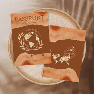 Burnt Orange Wedding Destination Passport World  Invitation