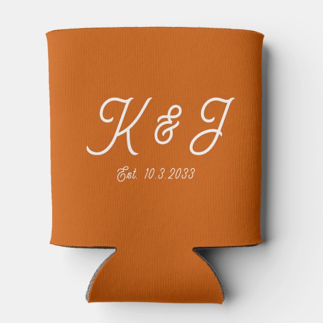 Burnt Orange Wedding Favour Monogrammed Can Cooler (Back)