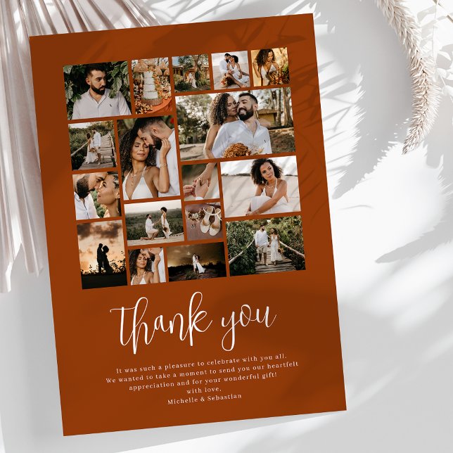 Burnt Orange Wedding Photo Collage Thank You Card (Creator Uploaded)