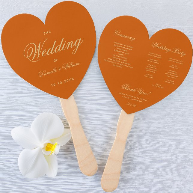 Burnt Orange Wedding Program Heart Elegant Script Hand Fan (Creator Uploaded)
