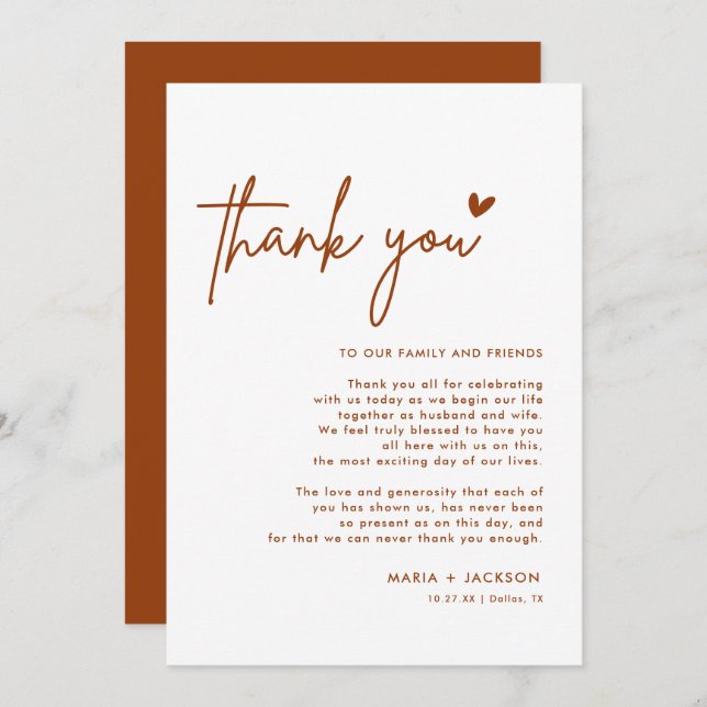 Burnt Orange Wedding Thank You Note Menu Cards (Front/Back)