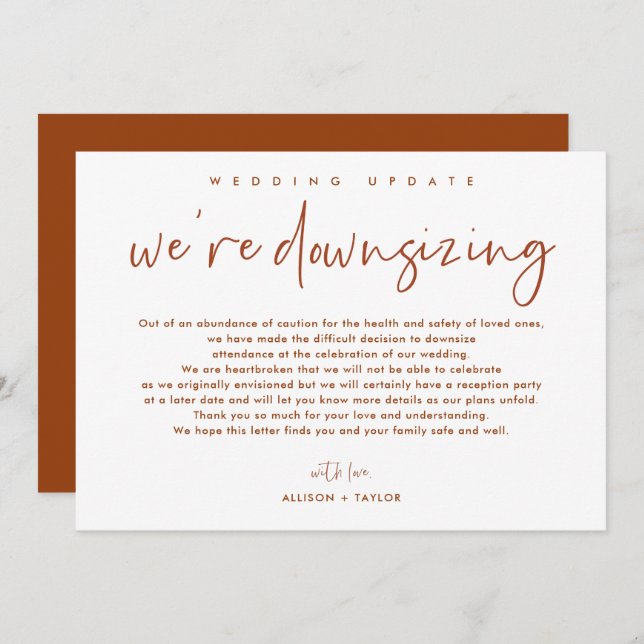 Burnt Orange Wedding Update Downsize Announcement (Front/Back)