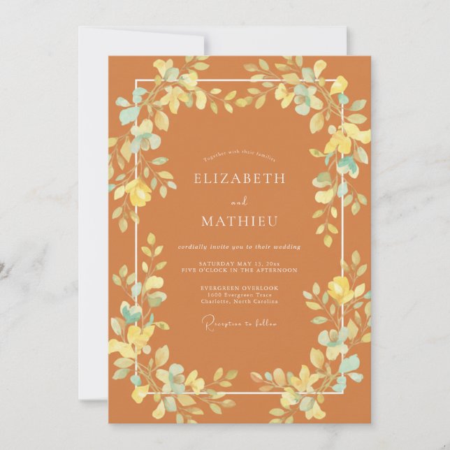 Burnt Orange Whimsical Bloom Wedding Invitation (Front)