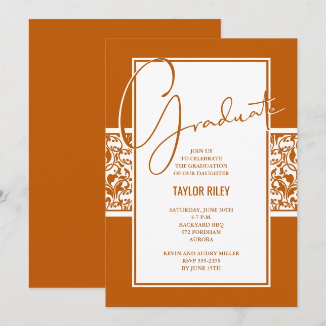 Burnt Orange White Damask Graduation Invitation (Front/Back)