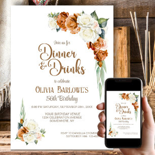 Burnt Orange White Floral Dinner Party Birthday Invitation