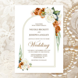 Burnt Orange White Rose Floral Arch Wedding Invitation