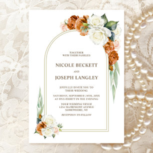 Burnt Orange White Rose Floral Arch Wedding Invitation