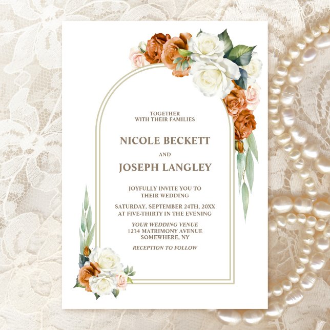Burnt Orange White Rose Floral Arch Wedding Invitation (Creator Uploaded)