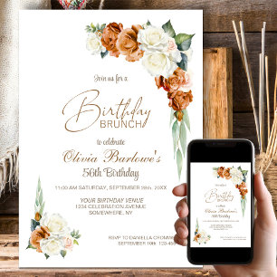Burnt Orange White Rose Floral Birthday Brunch Invitation