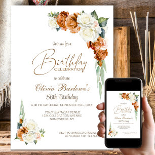 Burnt Orange White Rose Floral Birthday Party Invitation