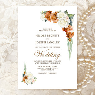 Burnt Orange White Rose Floral Wedding Invitation