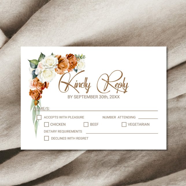 Burnt Orange White Rose Floral Wedding RSVP Card (Creator Uploaded)
