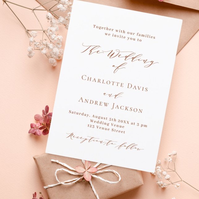 Burnt orange white script modern luxury wedding invitation (Creator Uploaded)