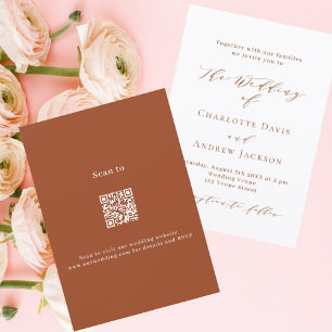 Burnt orange white script QR code RSVP wedding Invitation