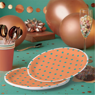 Burnt Orange White Teal Polka Dots Paper Plate