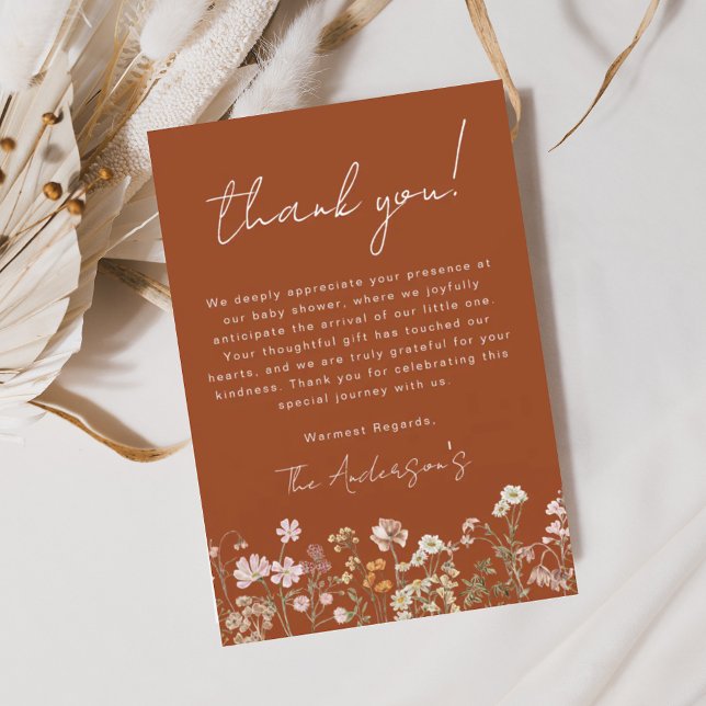 Burnt Orange Wildflower Baby in Bloom Baby Shower Thank You Card (Creator Uploaded)