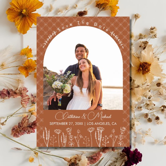 Burnt Orange Wildflower Bohemian Arch Wedding Save The Date (Creator Uploaded)
