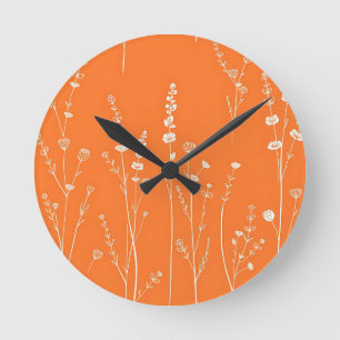 Burnt Orange Wildflower Minimal Pattern Round Clock