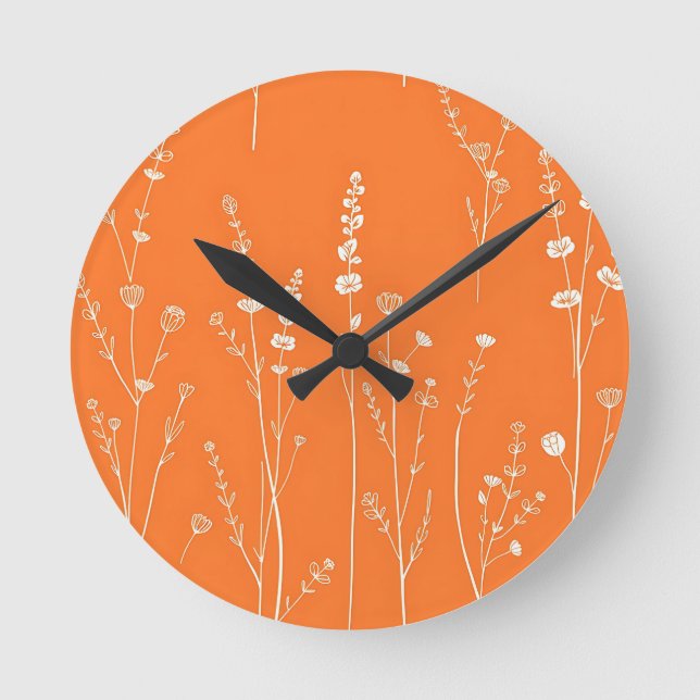 Burnt Orange Wildflower Minimal Pattern Round Clock (Front)