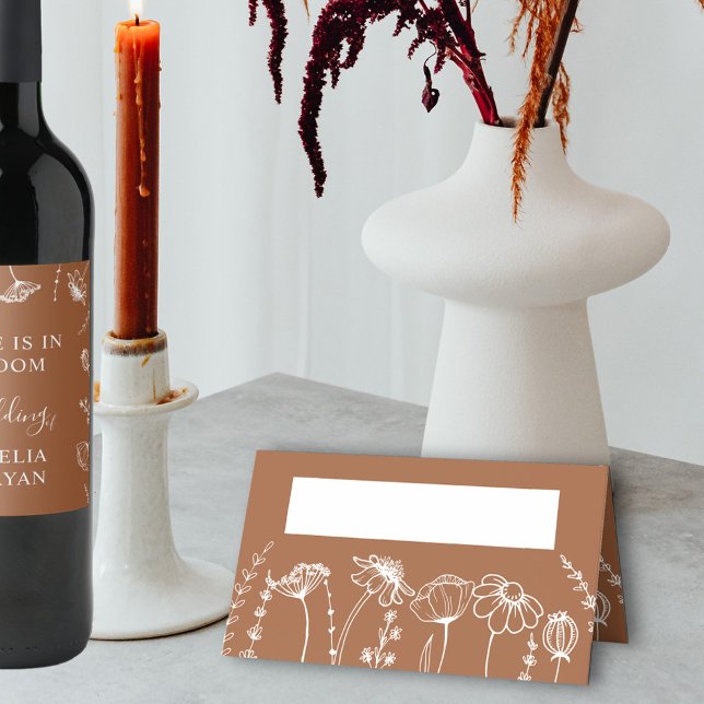 Burnt Orange Wildflower Sketch Simple Floral Place Card (Wedding Table Place Cards in Terracotta Burnt Orange, from my Wildflower Sketch collection)