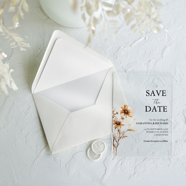 Burnt Orange Wildflower Wedding Save The Date Acrylic Invitations (Creator Uploaded)