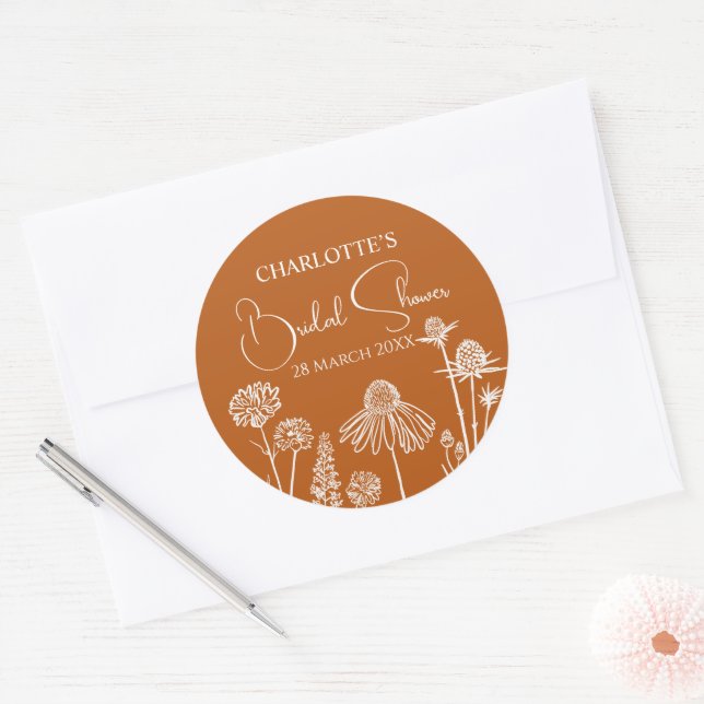 Burnt Orange Wildflowers Sketched Bridal Shower  Classic Round Sticker (Envelope)