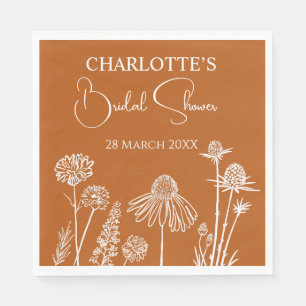 Burnt Orange Wildflowers Sketched Bridal Shower Napkin