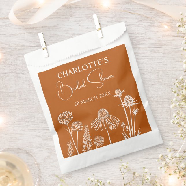 Burnt Orange Wildflowers Sketched Floral  Favour Bags (Clipped)