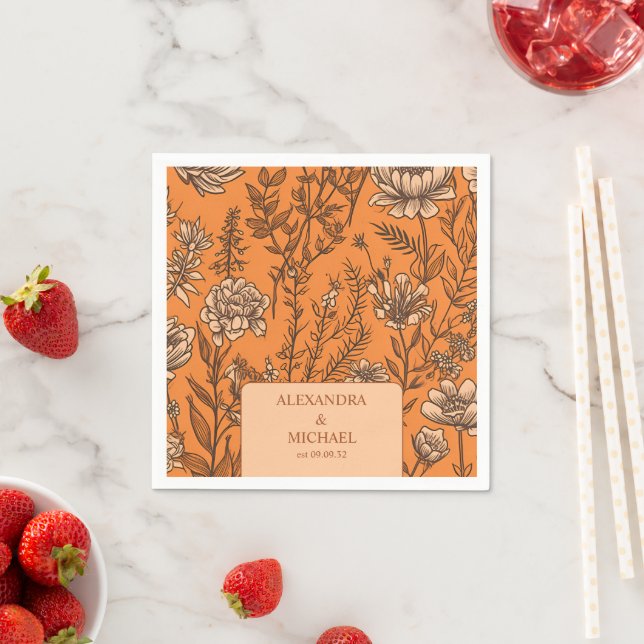 Burnt Orange Wildflowers Wedding Napkin (Insitu)