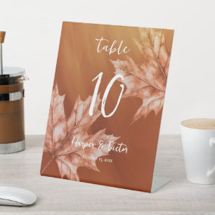 burnt orange with maple leaves accent fall wedding pedestal sign