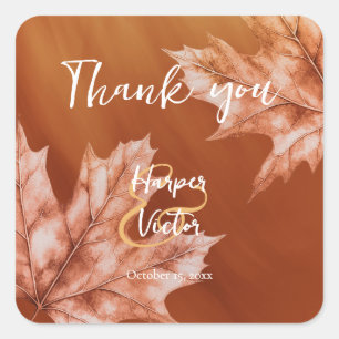 burnt orange with maple leaves accent fall wedding square sticker