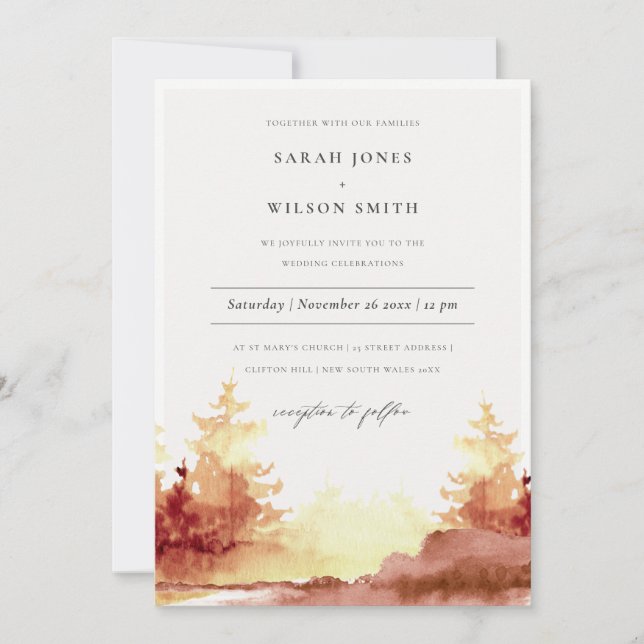 Burnt Orange Yellow Fall Trees Wedding Invite (Front)